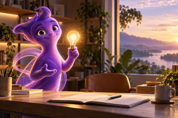 Guía abstracta violeta y amigable sosteniendo una bombilla brillante junto a un espacio de trabajo de contenido limpio