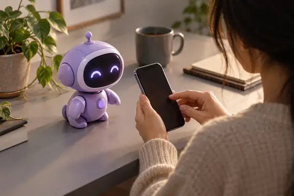 Pequeña guía violeta revisando contenido en un teléfono junto a un escritorio gris suave