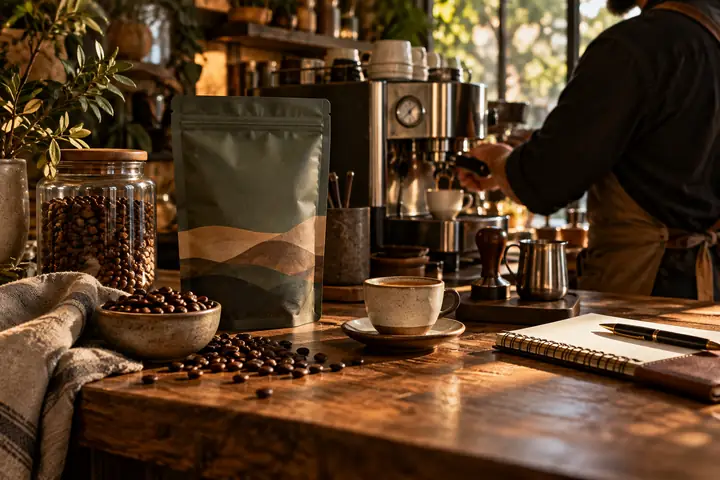 Fotografía editorial cálida de granos de café, una máquina de espresso y un cuaderno sobre una barra de madera