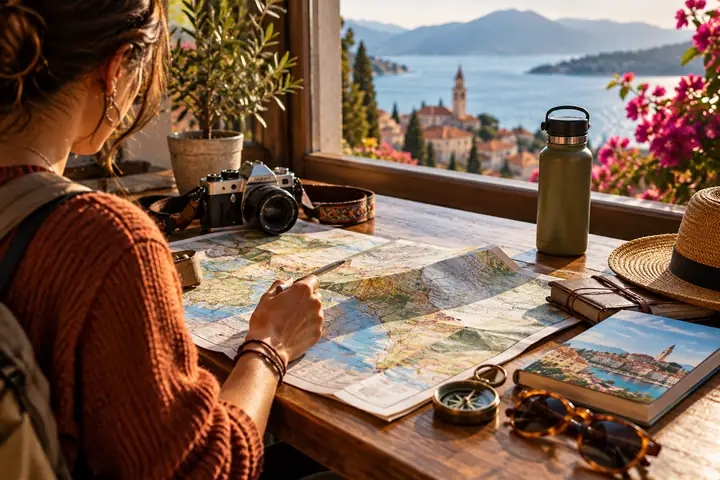 Colorida escena de planificación de viajes con un mapa plegado, una cámara y una guía de la ciudad junto a una ventana