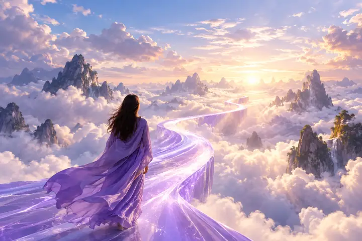 Guía violeta abstracta elevándose suavemente entre nubes blancas y vaporosas bajo un cielo luminoso y despejado