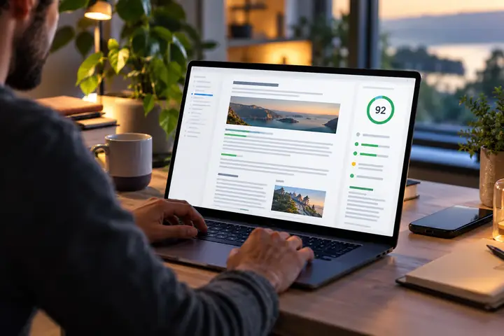 Interfaz limpia de editor de contenido que muestra un borrador de artículo estructurado con un panel de puntuación de calidad resaltado