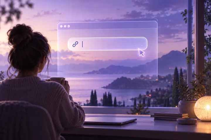 Ilustración violeta suave de una ventana de sitio web con un campo para enlaces y un pequeño cursor listo para conectar