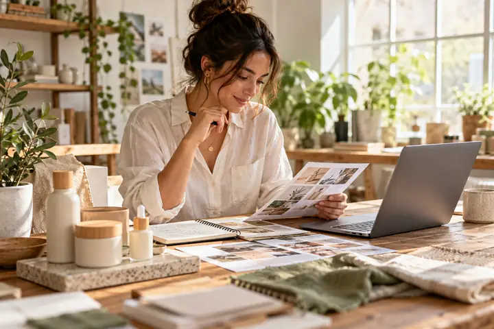 Propietaria de una pequeña empresa revisando un plan de contenidos junto a un portátil en un estudio luminoso