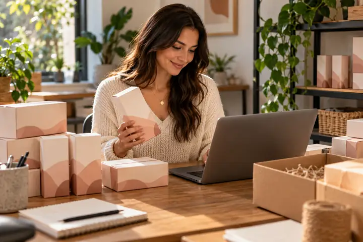 Propietaria de una tienda online trabajando en un escritorio con un portátil y cajas de productos ordenadas cuidadosamente