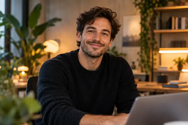 Retrato de Alex, un creador de productos sonriente en un estudio con iluminación suave