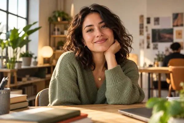 Retrato de Maya, una estratega de contenido sonriente en un estudio con iluminación suave